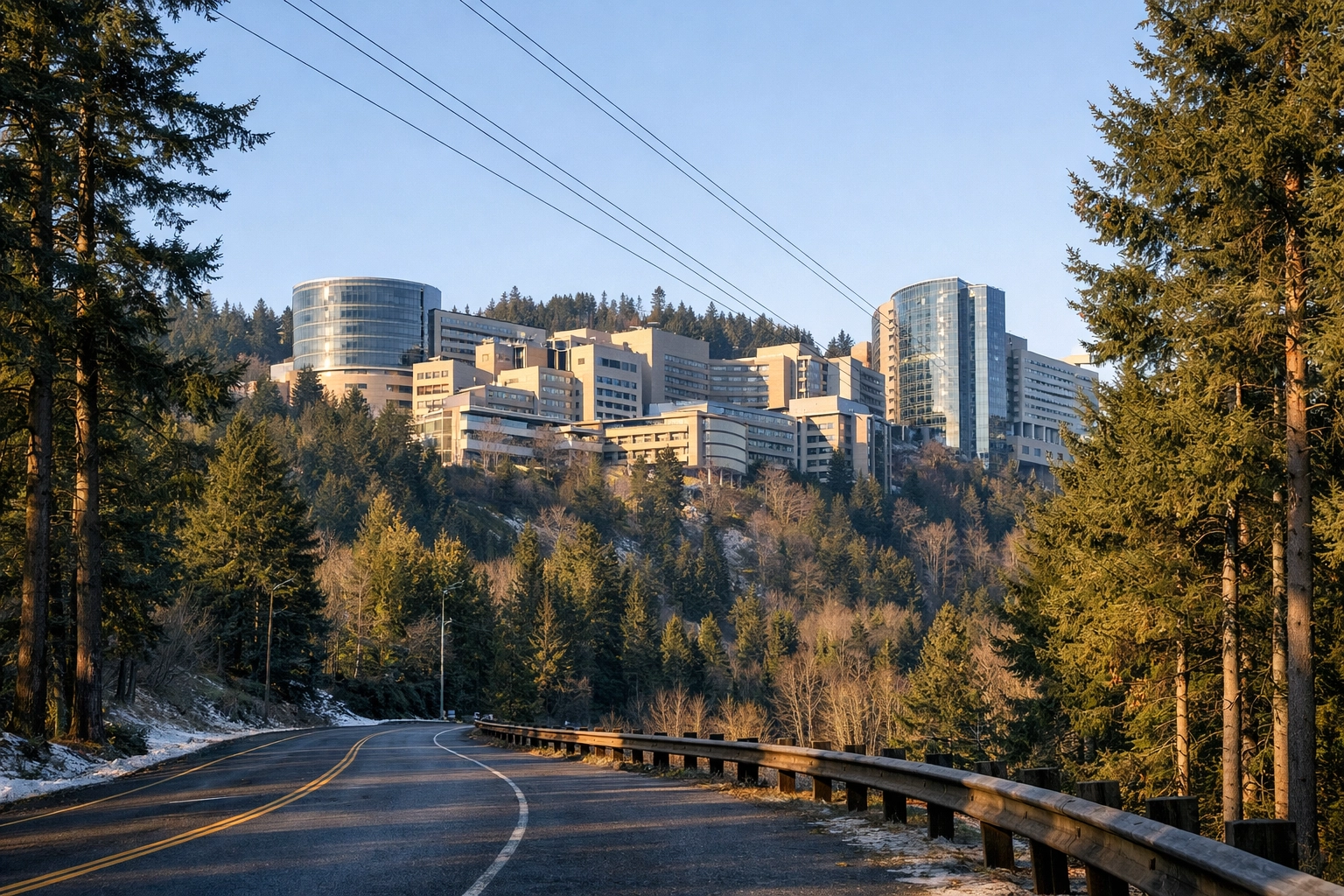 OHSU Marquam Hill campus viewed from Terwilliger Boulevard with hospital buildings rising above Douglas fir canopy and Aerial Tram cables visible