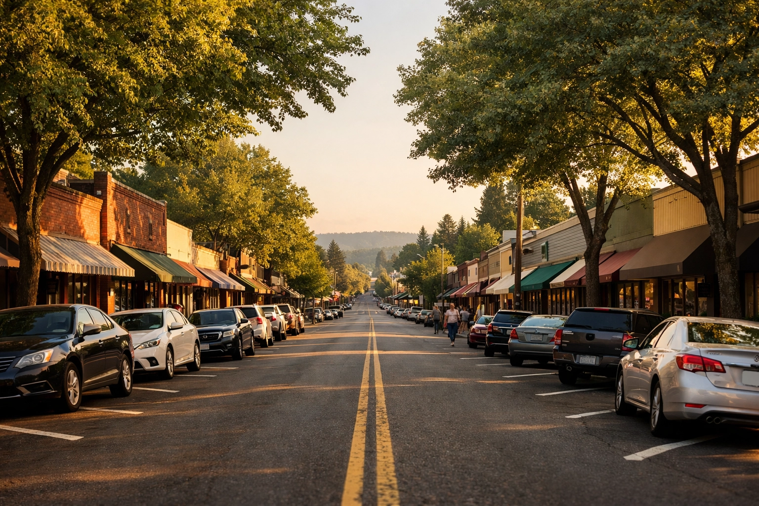 Capitol Highway through Multnomah Village in Southwest Portland showing independent storefronts and tree-lined sidewalks