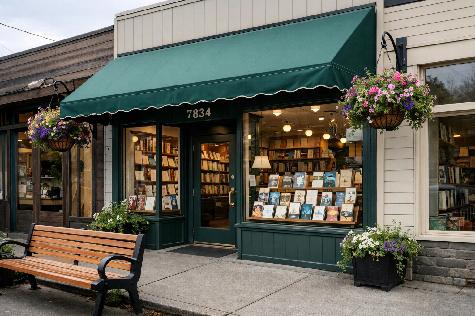 Annie Bloom's Books storefront on Capitol Highway in Multnomah Village with adjacent independent shops and sidewalk planters