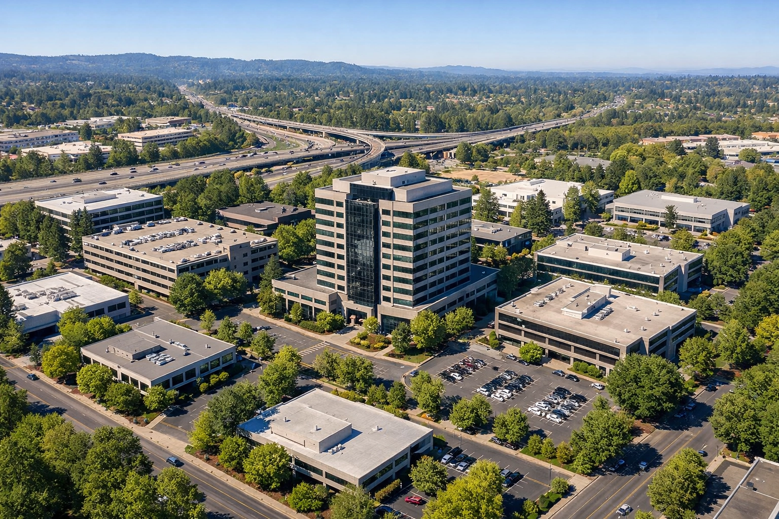 Commercial corridor in the Tigard area with office and retail buildings along a major road