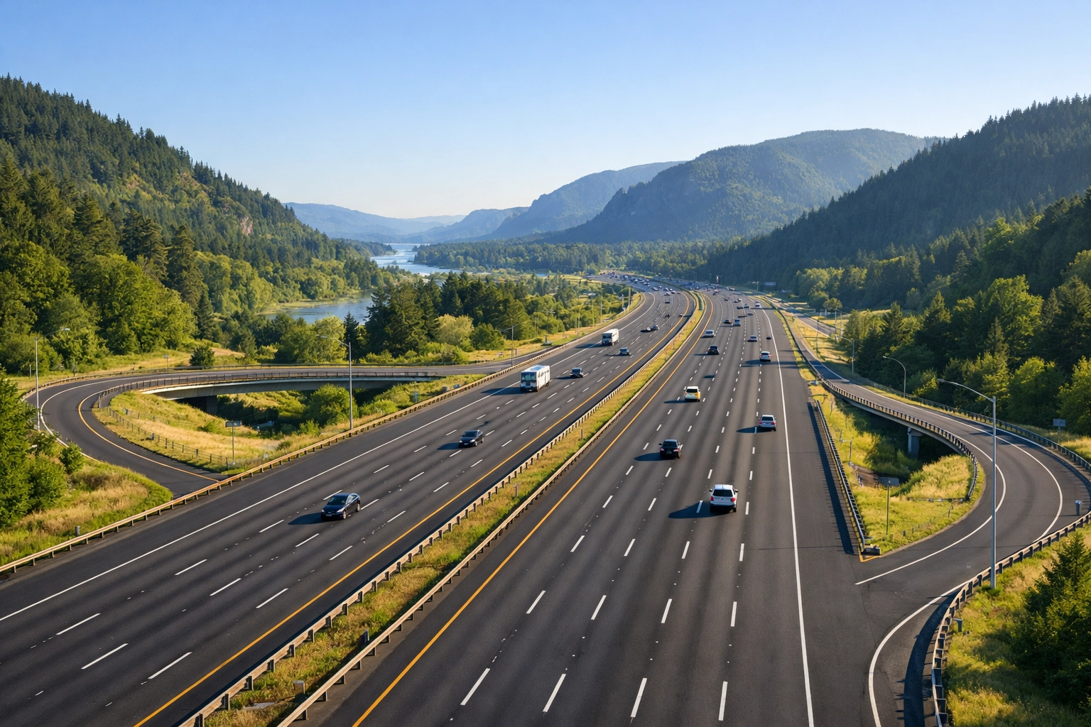 View of I-84 freeway from an overpass in Troutdale with vehicles and the Columbia River Gorge foothills visible eastward