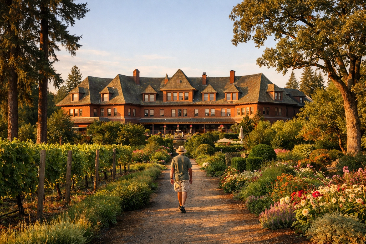 McMenamins Edgefield main building and grounds in Troutdale showing the historic former county poor farm with landscaped gardens