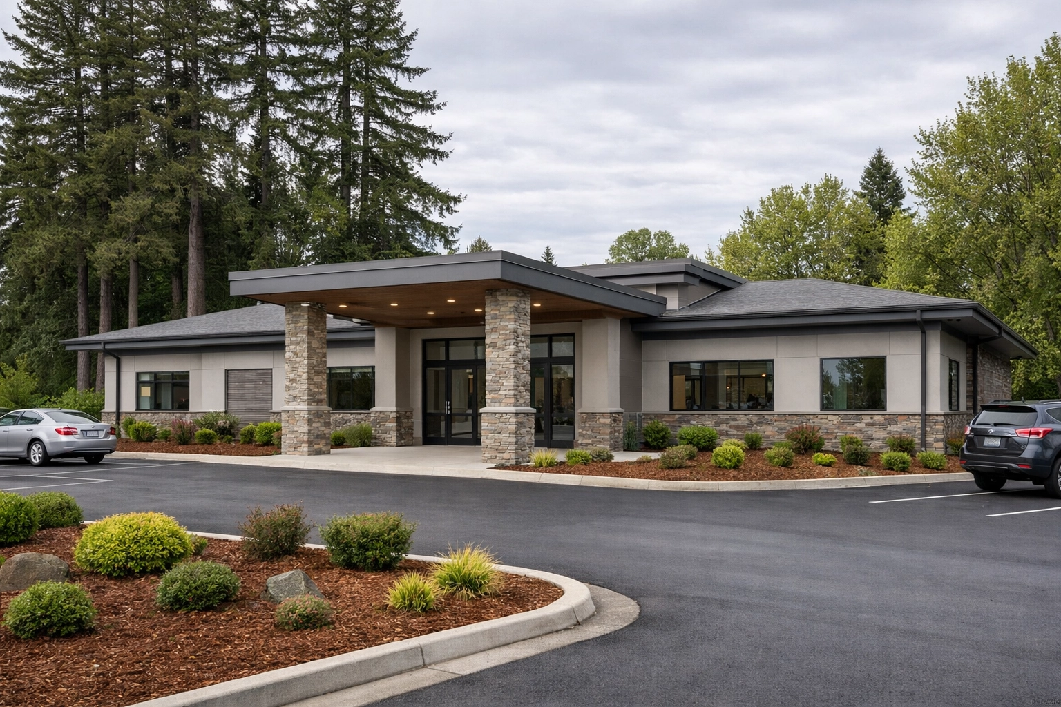 Exterior of a medical clinic building in Troutdale with parking lot and landscaping visible