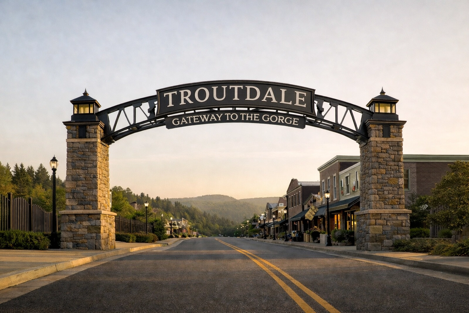Aerial view of Historic Columbia River Highway through downtown Troutdale with the Gateway to the Gorge arch visible and Columbia Gorge foothills rising in the eastern background