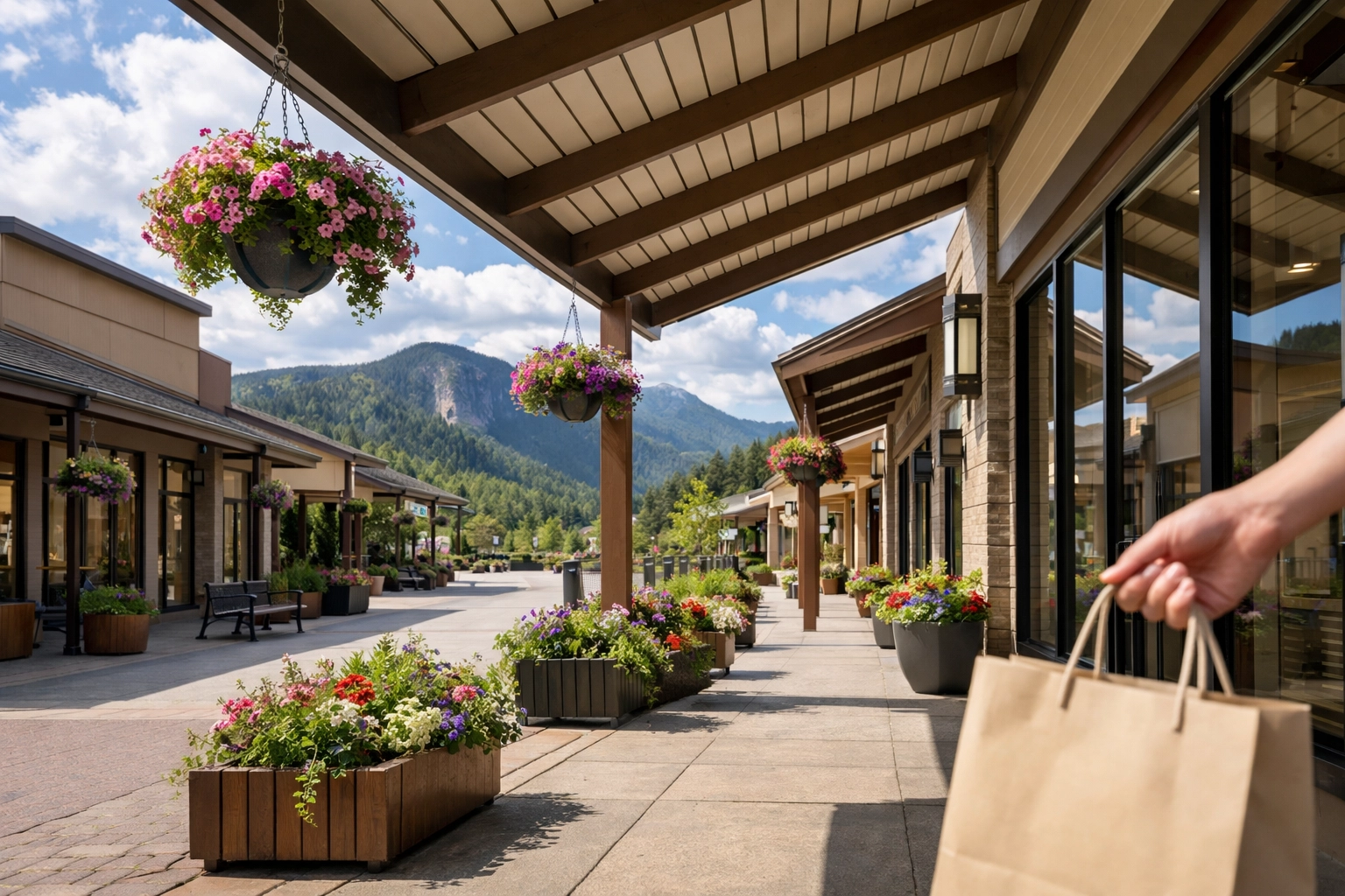 Storefront along Historic Columbia River Highway in downtown Troutdale showing independent retail shops with awnings and sidewalk displays