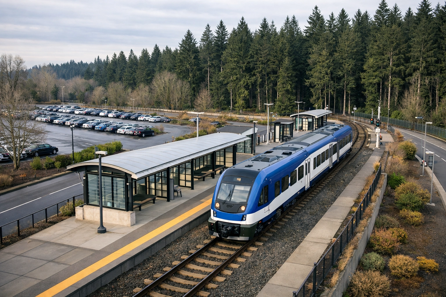 WES commuter rail train at the Tualatin station platform with covered shelter and bike parking visible in foreground