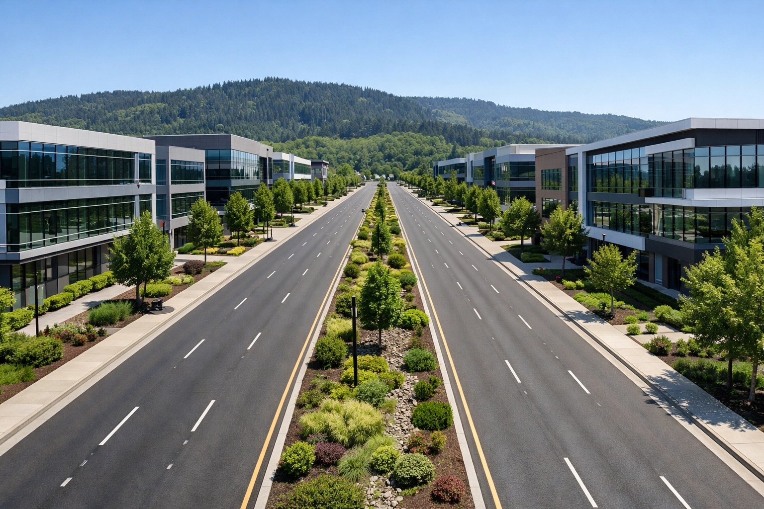 Tualatin-Sherwood Road office corridor showing modern glass-and-panel office buildings along the multi-lane boulevard with forested hillside backdrop