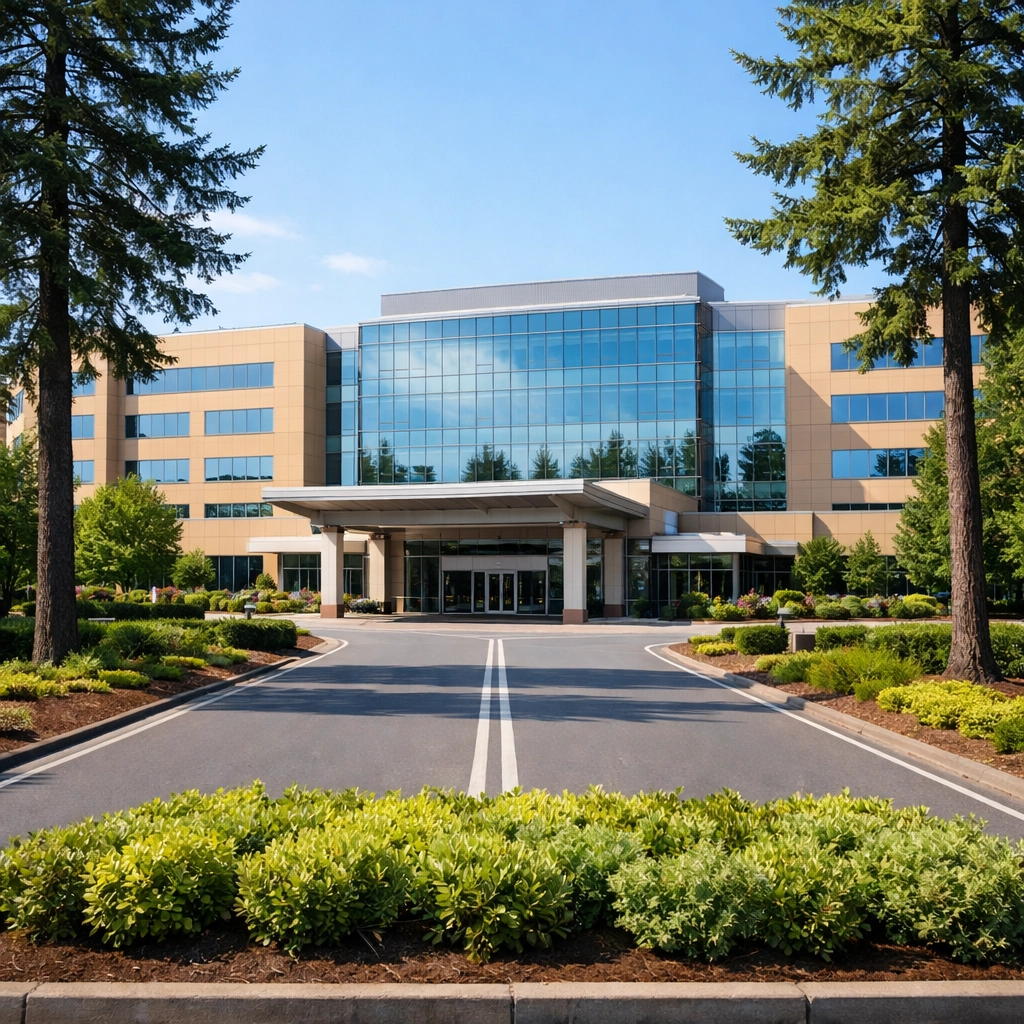 Exterior of Legacy Meridian Park Medical Center on SW 65th Ave in Tualatin showing main building facade and covered portico entrance