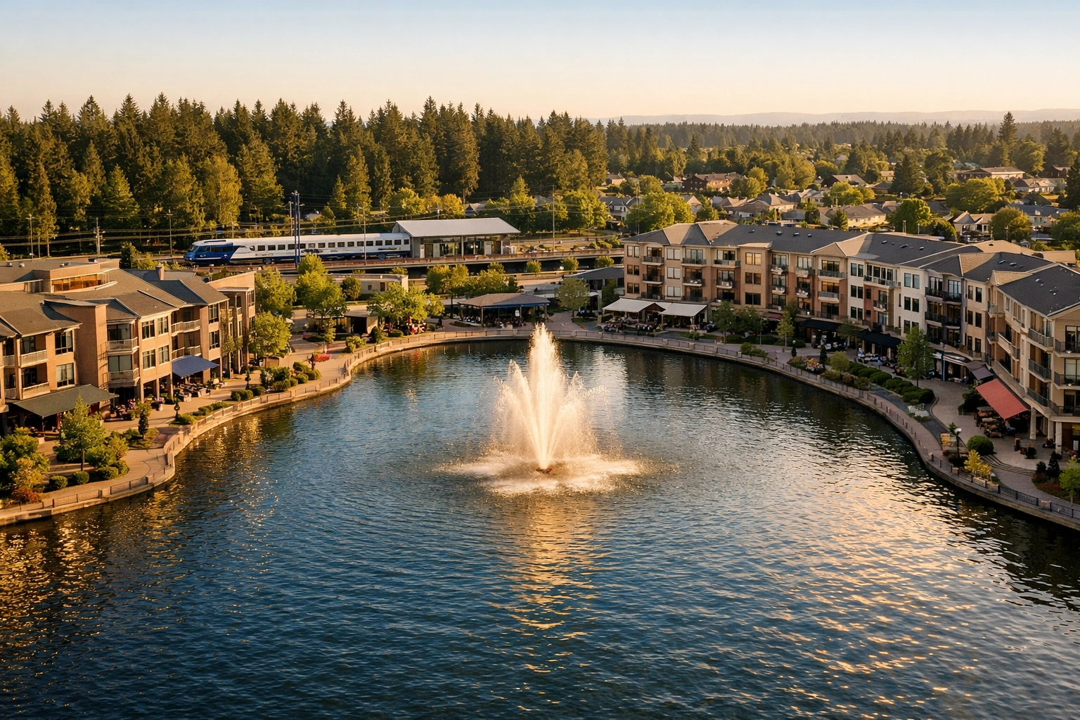 Aerial view of Tualatin Commons lake with central fountain and WES commuter rail station visible behind the lake, surrounded by mixed-use buildings and Douglas fir treeline