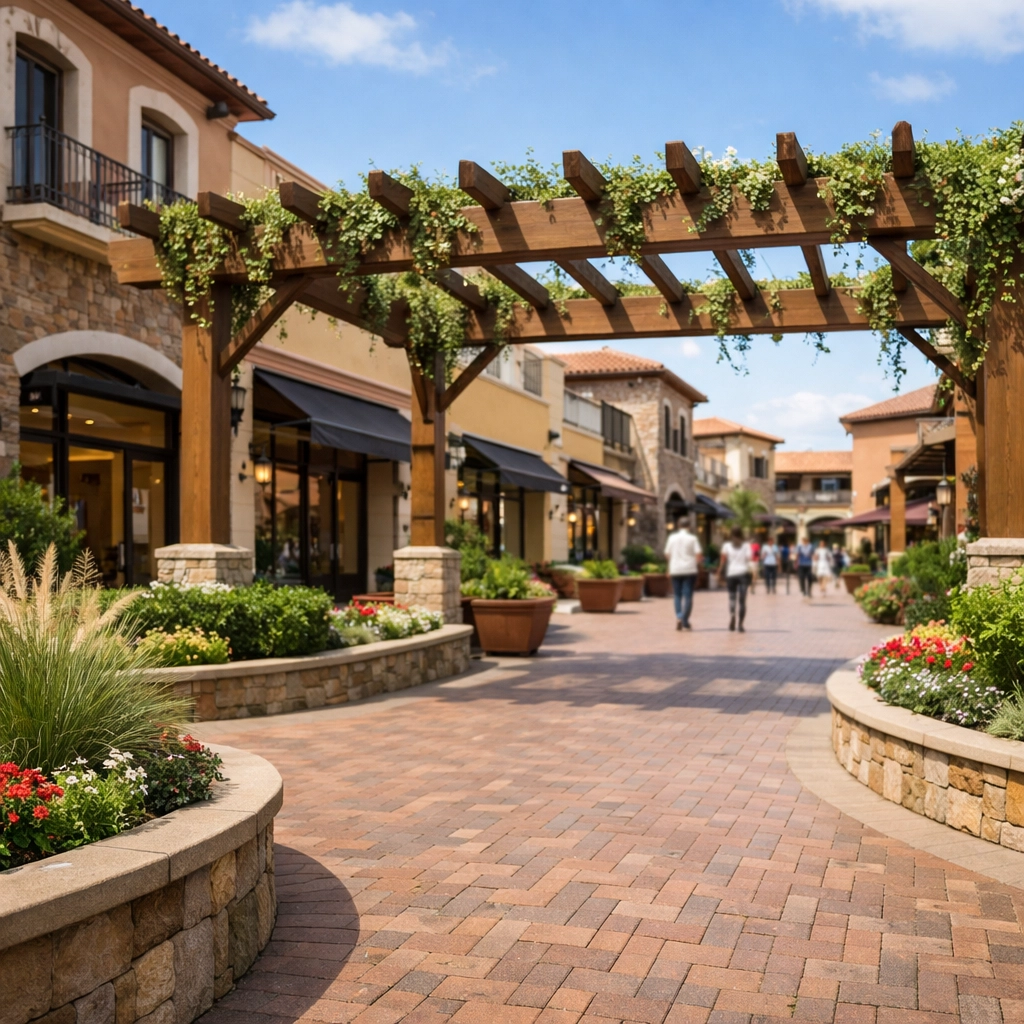 Open-air walkway at Bridgeport Village shopping center with Tuscan-style storefronts, brick pavers, and covered pedestrian corridor