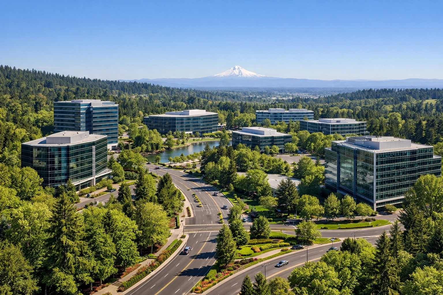 Kruse Way office corridor in Lake Oswego visible from West Linn with glass office buildings and tree-lined boulevard