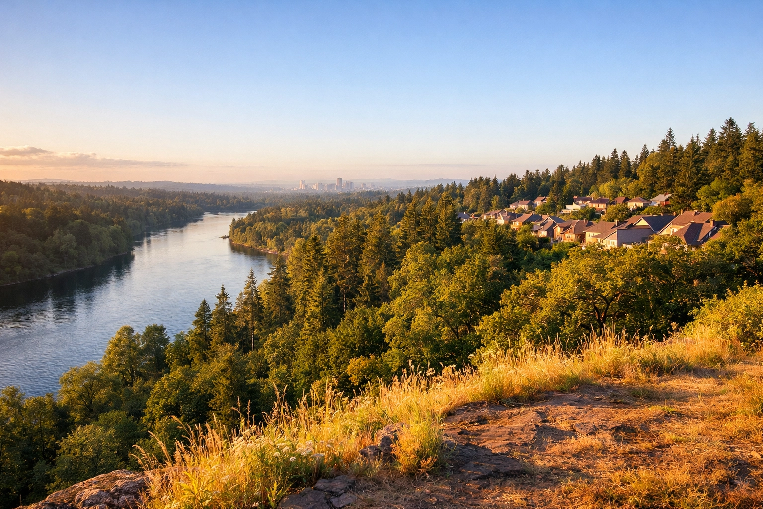 Willamette River bluff view from West Linn with forested hillside and residential neighborhoods visible along the ridgeline
