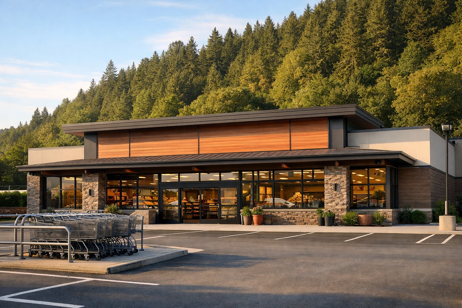 Market of Choice storefront and parking area on Hood Street in West Linn