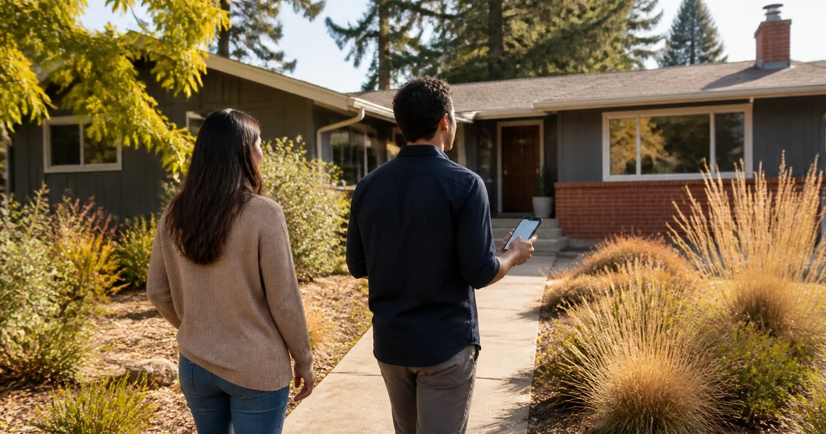 Two buyers walking up to a mid-century ranch home, Beaverton, Oregon