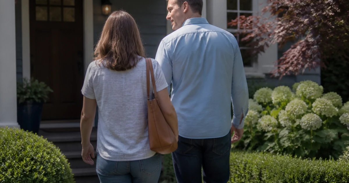Couple walking up to the front porch of a home, Portland, Oregon