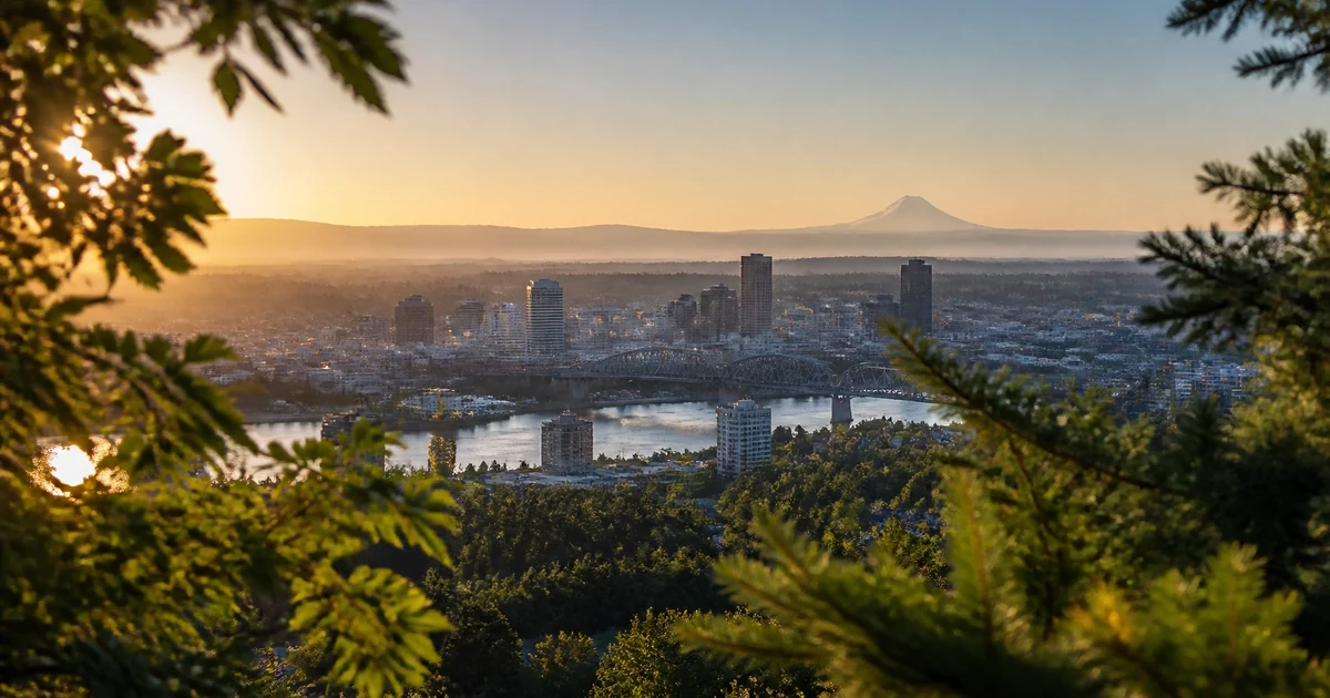 Portland skyline at sunset with Mount Hood, Portland, Oregon