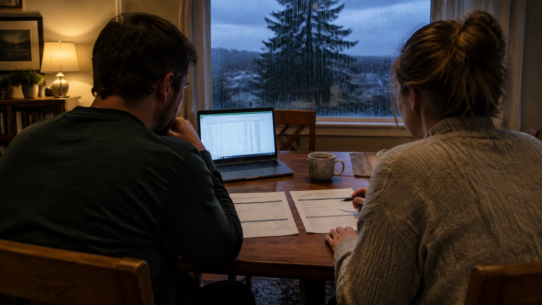 Couple comparing loan estimates at a dining table on a rainy evening, Portland, Oregon