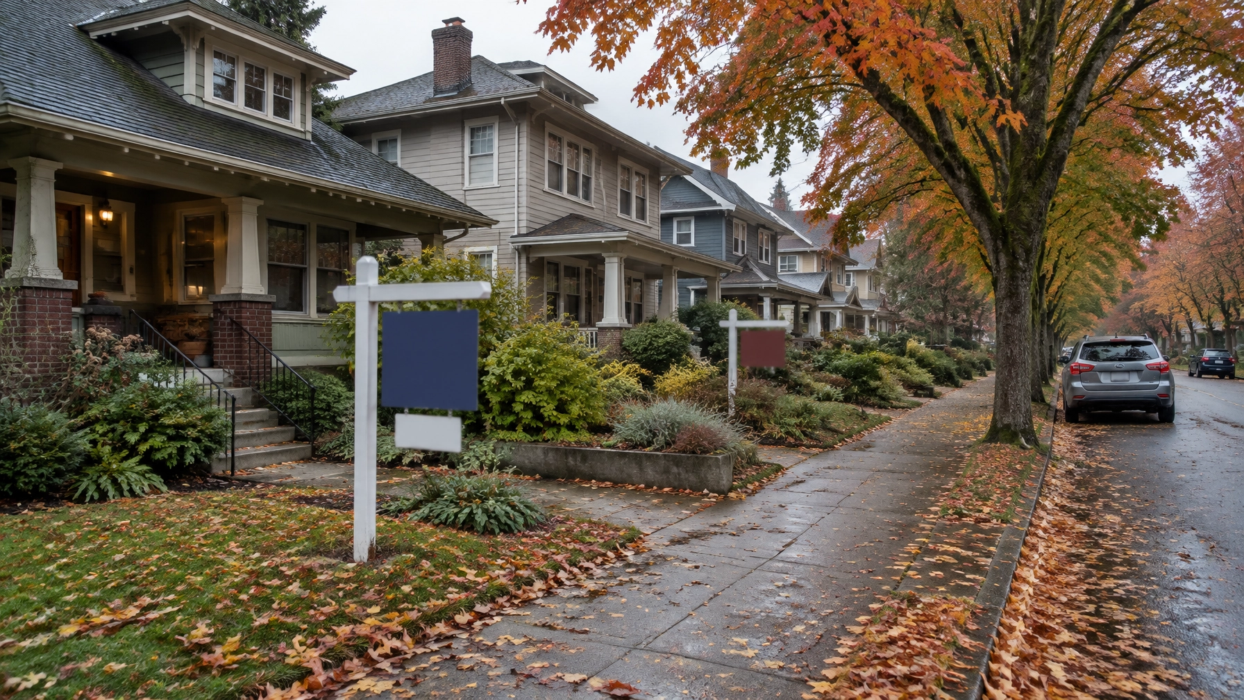 Craftsman bungalows with for-sale signs on a fall street in SE Portland, Oregon