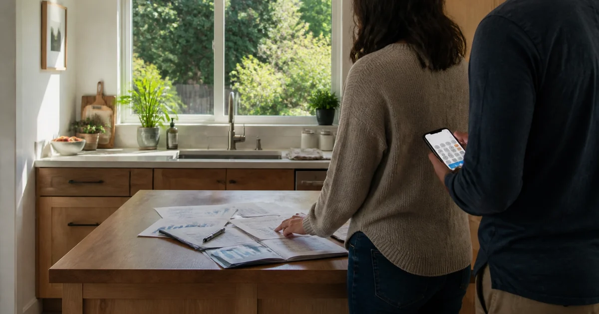 Two buyers reviewing mortgage figures at a kitchen island, Portland, Oregon