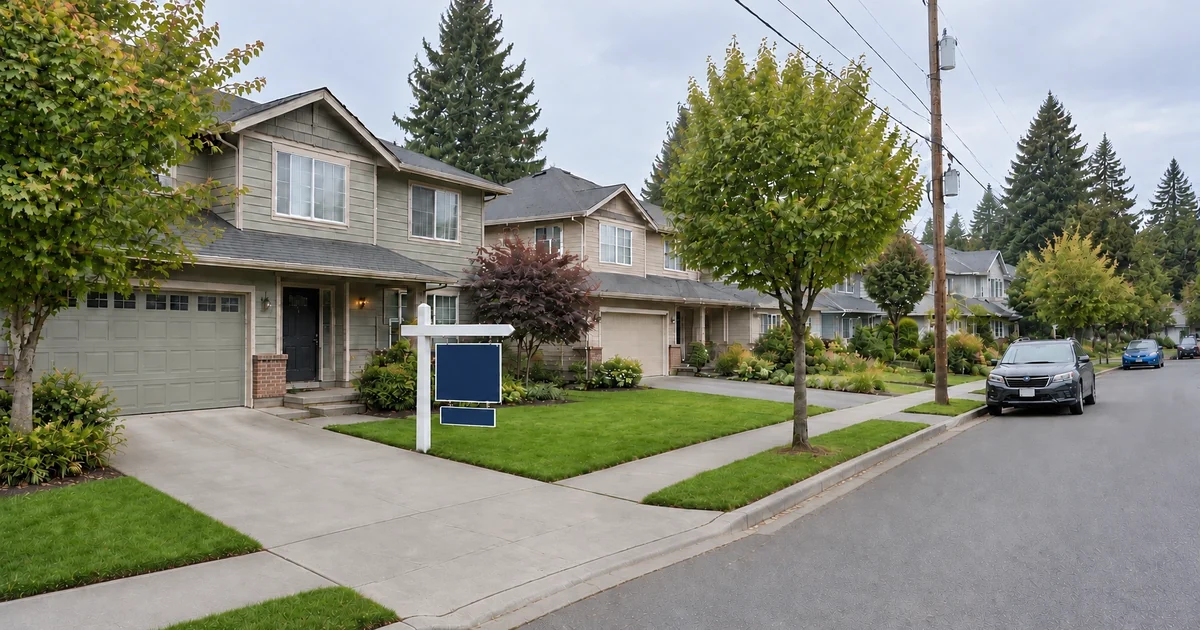 Two-story homes with a for-sale sign on a residential street, Beaverton, Oregon
