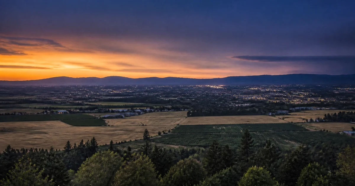 Tualatin Valley and Hillsboro at dusk, Washington County, Oregon